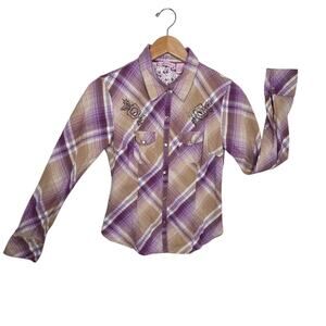 Overdrive Purple Plaid Western Pearl Snap Embroidered Shirt Womens SZ M Rodeo